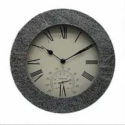 Garden 10 Inch (26cm) Waterproof Wall Clock, Large Retro Stone Effect Decorative Clock with Thermometer Without Ticking Sound, Suitable for Living Room Fence Bathroom