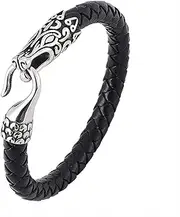 [BOSUGE] Charming Bracelet， Viking Leather Bracelet,North Mythology Dragon Runes Celtic Bangle,Men's Vintage Handmade Braided Stainless Steel Steel Chain (Color : Black, Size : 18.5CM) (Color : Stainless Stee