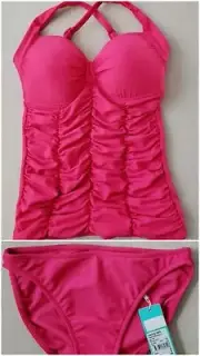 NWT SEAFOLLY WOMEN'S GODDESS DD CUP HALTER SINGLET & RETRO PANT, US 6, RASPBERRY