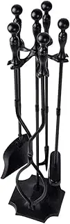 AMAGABELI GARDEN & HOME 5 Pcs Fireplace Tools Sets Black Handle Wrought Iron Large Fire Tool Set and Holder Outdoor Fireset Fire Pit Stand