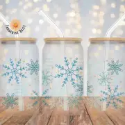CLOSEOUT SALE - LOT of 11 - "LIGHT BLUE SNOWFLAKES" UV DTF 16OZ GLASS CAN TRANSF