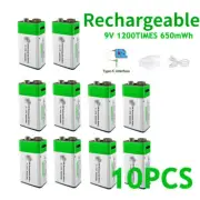 10 PCS Li-ion USB Rechargeable Battery 9V 650mWh Battery Pack Fast Charge Type C