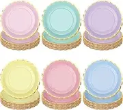peony man 48 Pcs Pastel Scalloped Paper Plates Disposable Macaron Party Plates 9 Inch Gold Edge Colorful Dinner Plates Pastel Rainbow Dessert Plates for Wedding Birthday Baby Shower Party Supplies