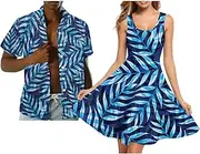 [JOAIFO] Hawaii Matching Couple Outfits Husband and Wife Clothing Fashionable Mens Casual Shirts Hawaii Dress with Soft Fabric, Blue Palm Leaf, Large