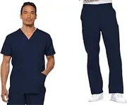 [Dickies] EDS Signature Men Scrubs Set 81906 V-Neck Top & 81006 Zip Fly Pull-On Pant, Navy-M Top / M Pant, White, Large Top / Medium Pant