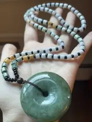 GRADE A AUTHENTIC BURMESE JADEITE GREEN DONUT BEADED NECKLACE 純天然翡翠A貨 滿綠平安扣