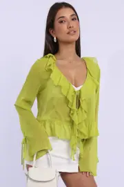 Green Tie Up Top Long Sleeve V Neck Frilled Romantic - Size 14L, Women's Shirt