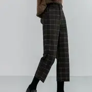 High Waist Straight Leg Plaid Wool Pants Long - Plaid - Gray - 2XL