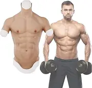 Realistic Fake Muscle Silicone Male Chest Half Body Suit with Floating Point Design, for Cosplay Halloween Props,Dark-S