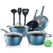 Nutrichef Nonstick Cookware Excilon - Home Kitchen Ware Pots & Pan Set with Saucepan, Frying Pans, Cooking Pots, Lids, Utensil PTFE/PFOA/PFOS Free, 11 Pcs, Royal Blue