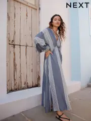 White/Blue Maxi Long Sleeve Kaftan Cover-Up (AH4004) | $92