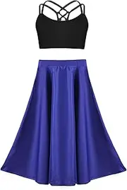 [iiniim] Kids Girls 2Pcs Gymnastic Lyrical Dance Costume Sleeveleess Crisscross Tank Top witth Chiffon Skirt Performance Wear