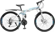 FLYHERO Folding Mountain Bike, 26" Womens 21-Speed Mountain Folding Bike, Carbon Steel Frame Mountain Bike, with Dual-Disc Brake, Blue&White
