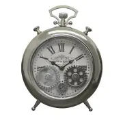 Vintage Stopwatch Style Silver Metal Skeleton Clock with Moving Gears