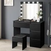 ALFORDSON Dressing Table Stool Set Makeup Vanity Desk with Mirror 12 LED Bulbs in Adjustable 3-Colour Light, Jewellery Vanity Table Organiser with Large Storage Drawer for Bedroom Dressing Room, Black