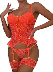 [Zylphorix] Women's Lace Garter Lingerie Set Floral Lace Push Up Sets Stockings Underwire Bra and Panty Babydoll Teddy Bodysuit