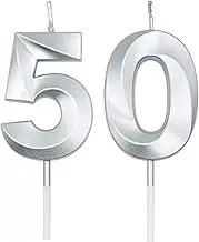 Silver 50th Birthday Candles for Cakes, Number 50 Candle Cake Cupcake Topper for Birthday Anniversary Party Decoration