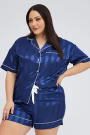 Blue Pyjama Set Stripe Satin Jacquard Piping Pj
