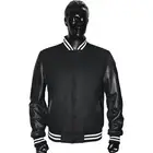 New Black Wool Black Real Leather Sleeve Varsity Bomber Jacket Rib White & Black
