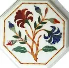 Octagon White Marble Coffee Table Top Semi Precious Stone Inlay Work Side Table