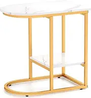 [Giantex] C-Shaped Side Table, 2-Tier End Table w/Faux Marble Tabletop & Golden Steel Frame, Modern Narrow Nightstand Bedside Snack Table w/Storage Shelf for Living Room Bedroom, White