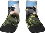 [JEJEA] Black White Cows print Men's Athletic Cushioned Crew Socks Crew Training Athletic Socks Men and Women for Sports
