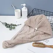 Micro Bath Towel Wrap Quick Drying Towel Cap Soft Water Absorbent Hair Towel Wrap Shower Cap with Button for Women Lady Girl Curly Long Wet Hair Coffee