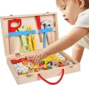 Kids Repair Kit Tool Set, Kids Toys Pretend Play Woodworking Tool Set, Realistic Wooden Toolbox Accessories, Construction Playset for Easter, Birthday, Children's Day