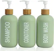 HOMCDALY Shampoo and Conditioner Dispenser, 16oz 3-Pack Refillable Shampoo and Conditioner Bottles, Empty Shampoo Bottles Refillable with Bamboo Pump, Shower Shampoo Dispenser Set(Avocado Green)