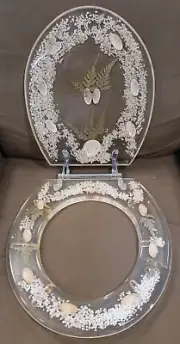 Vintage Lucite Toilet Seat Sea Shells, Ferns, Clear Resin & a 4 Leaf Clover READ