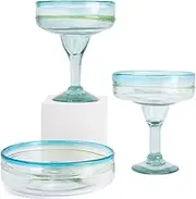 Hand Blown Margarita Glasses & Salt Rimmer – Set of 2 Beautiful Glasses With Aqua Rims – Handcrafted by Talented Artisans – Hold 10 Ounces Each -Thick & Sturdy – Easy to Hold – Each Glass is Unique