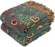 Boho Throw Blanket for Bed 100% Cotton Ultra Soft Rustic Quilt Farmhouse Decor Bed Summer Blanket,All Season Rustic Throw for Sofa Couch Chair (Flower-Dark Green, 60"×80")