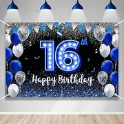 Happy 16th Birthday Backdrop Banner Blue Black Theme Background With Blue Neon Light Shiny Fashion Birthday Party Photo Photography Prop Booth Background for Boys Girls Celebration 70.8x47.2in-BECKTEN
