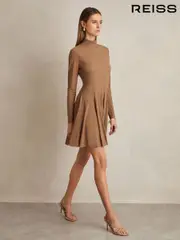 Reiss Camel Savannah Jersey Ribbed Flared Mini Dress (AL6657) | $260