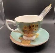 Van Gogh SUNFLOWERS Cafe China Cup and Saucer with Matching Gold Spoon