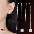 Women 925 Sterling Silver Earrings Solid Square Tassel Threader Ear Chain 1956