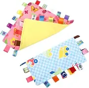 HONMEET 2Pcs Plush Security Blankets with Colorful Tags Soft Comforter for Sensory Play Fluffy Blanket for Months Soothing Companion