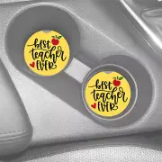 BEST TEACHER EVER YELLOW APPLE HEART RUBBER CAR DRINK HOLDER COASTERS SET OF 2