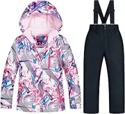 [Abcoll] Kids Boys/Girls 2-Pieces Ski Suit Snowboard Suit Skiing Outfit Waterproof Snowsuit Ski Jacket Hooded & Snow Bib Pants/Trousers, Cotton Fiber Lining (Color : S, Size : 4-5 Years)