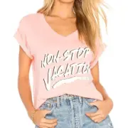 New Wildfox Non-Stop Vacation V-Neck T-Shirt Romeo Graphic Tee Coral Size Small