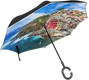 Double Layer Inverted Umbrella Cars Reverse Umbrella Riomaggiore Italy Coast Landscape Windproof UV Proof Travel Outdoor Umbrella