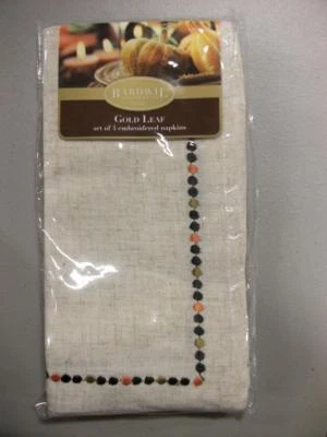 Bardwil Linens Gold Leaf Set of 8 Embroidered Napkins NIP EIGHT Piece