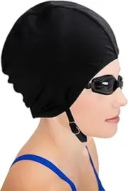 TRADERPLUS Swim Cap with Chin Strap for Women Long Short Hair Nylon Swimming Hat