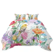 Colorful Flowers and Bird Coverlet