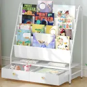 Kids Bookshelf, 4 Tier Bookcase, Kids Sling Book Rack with 2 Fabric Drawers, Sto