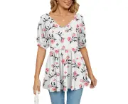 Women V Neck Top Elastic Waist Short Puff Sleeve Top Floral Print Loose Hem Blouse Summer T Shirt White Flower Xxl