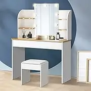 Oikiture Dressing Table Stool Desk Sets with Mirror Lights and Drawers for Girls Women Bedroom Furniture Makeup Storage 10 LED Bulbs,White