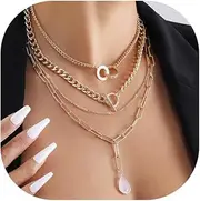 [GIGB PBDK] 4Pcs Layered Gold Necklace Sets,Acrylic Water Drop Pendant Necklace Paper Clip Chain Cuban Link Chain OT Clasp Necklace for Teen Girls