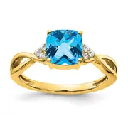 14K Yellow Gold Checkerboard Blue Topaz and Real Diamond Ring