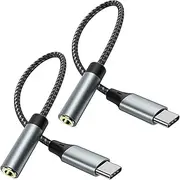 [2 Pack] T Tersely 22cm/0.7ft Type-C USB C to 3.5mm Headphone Adapter Braided Cable, Audio Car AUX Converter for iPhone 16/15 Pro/Max, for S25 S24 Plus Ultra, for Pixel, for iPad Pro/Air, for MacBook